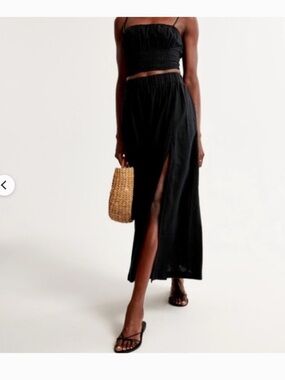 Abercrombie Fitch Maxi Skirt Black Linen Cotton Side Slit